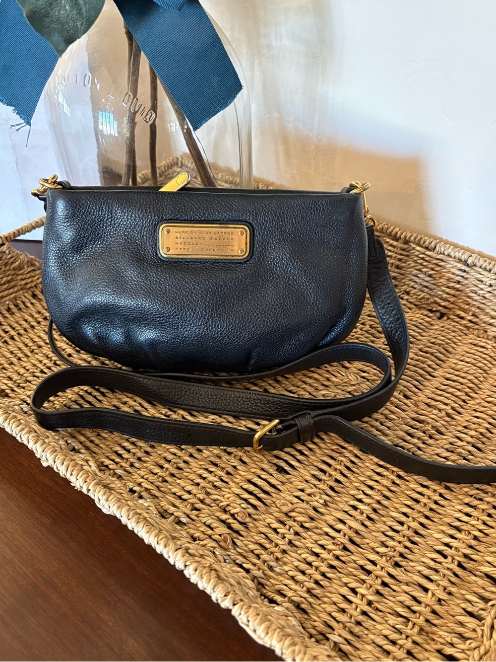Marc by Marc Jacobs Black Pebbled Leather Crescent Crossbody with Gold Plaque